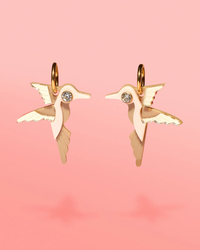 Hummingbird Hoop Earrings Beige + Gold