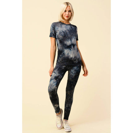 Tie Dye Round Neck Short Sleeve Top and Leggings Set [Available in Black or Olive] - One Size S/M