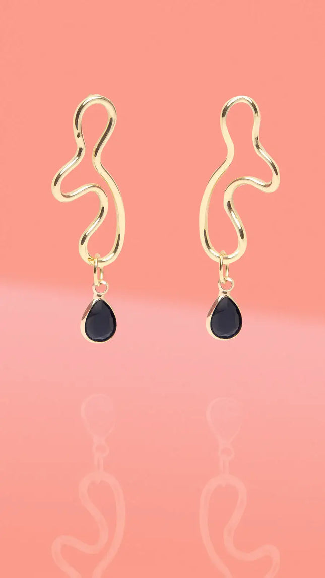 Abstract Wiggle Gold Plated Hoop Black Glass Charm