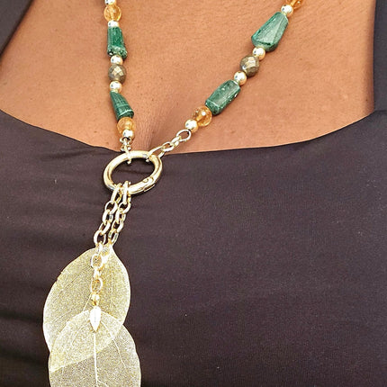 "Abundance Of Wealth" Necklace |Malachite , Citrine, and Pyrite