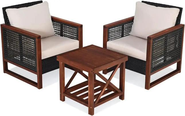 3 Pieces Outdoor Patio Furniture Set Wicker Chairs with Coffee Table, Balcony Porch Furniture Bistro Set with Wood Frame and Washable Cushions for Garden Poolside Backyard
