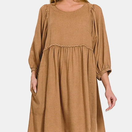 Washed Linen Pleated Puff Sleeve Babydoll Dress – Linen Babydoll Dress, Puff Sleeve Dress, Pleated Babydoll Dress, Casual Babydoll Dress, Elegant Puff Sleeve Dress, Comfortable Linen Dress, Warm Weather Dress