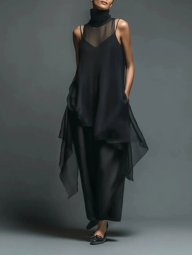 High-neck Asymmetrical Black Slip Chiffon Two-piece Set (see size chart under more details)