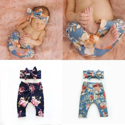 Baby Girls Floral Printed Elastic Waist Big Flower Bottoms Leggings Pants Toddler Trousers With Bow In Set For Girls And Baby and Newborn Baby