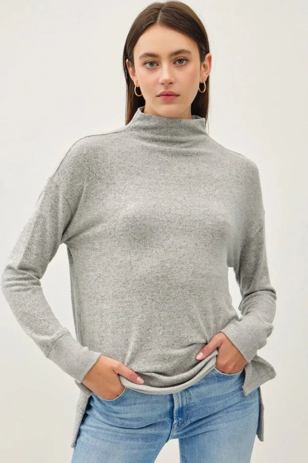 Be Cool Side Slit Mock Neck Long Sleeve Tunic Top for Women