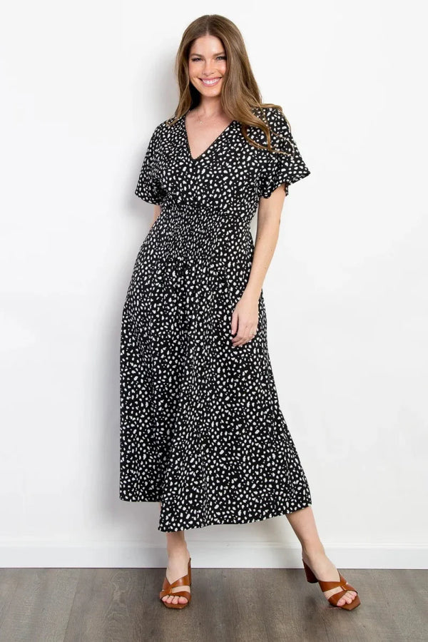 Be Stage Full Size Printed Smocked Waist Dress for Women