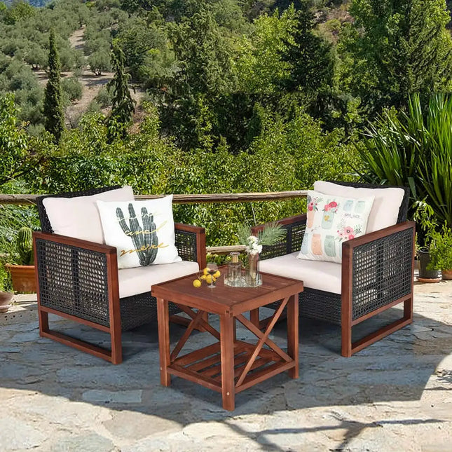 3 Pieces Outdoor Patio Furniture Set Wicker Chairs with Coffee Table, Balcony Porch Furniture Bistro Set with Wood Frame and Washable Cushions for Garden Poolside Backyard