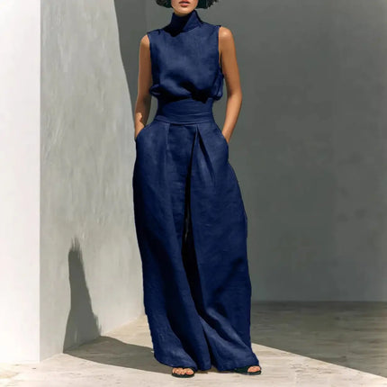 Casual Sleeveless Suit Summer Stand-up Collar Pullover Top And Loose Straight-leg Trousers Women's Clothing (see size chart under more details)