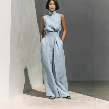 Casual Sleeveless Suit Summer Stand-up Collar Pullover Top And Loose Straight-leg Trousers Women's Clothing (see size chart under more details)