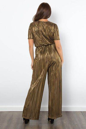 Be Stage Foil Pleated Jumpsuit with Surplice Short Sleeves