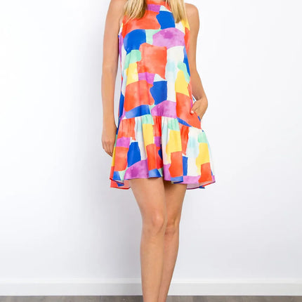 Be Stage Abstract Print Ruffle Hem Mini Dress with Pockets