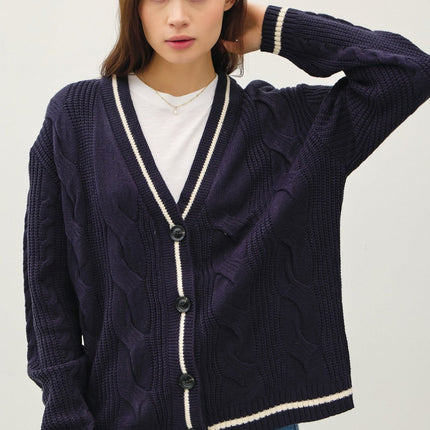 Be Cool Contrast Trim Cable-Knit V-Neck Cardigan