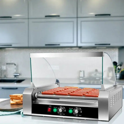 Stainless Steel 11-Roller Hot Dog Cooker, Holds 30 Hot Dogs
