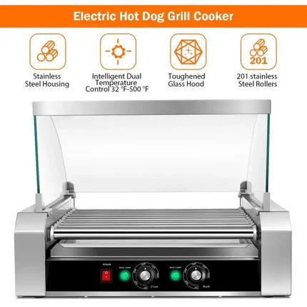 Stainless Steel 11-Roller Hot Dog Cooker, Holds 30 Hot Dogs