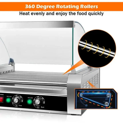 Stainless Steel 11-Roller Hot Dog Cooker, Holds 30 Hot Dogs