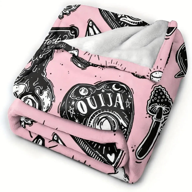 1pc Halloween Element Print Flannel Blanket, Soft Cozy Throw Blanket Nap Blanket For Travel Sofa Bed Office Home Decor, Birthday Halloween Holiday Gift Blanket For Boys Girls Adults, Available All Season