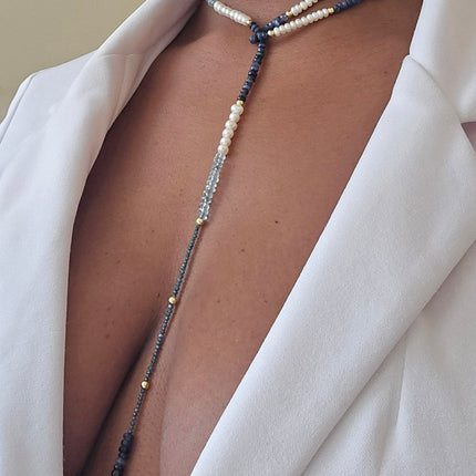 "Fifty Shades of Blue"| Sapphire, Blue Topaz, Blue diamonds Freshwater Pearl Lariat Necklace