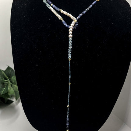 "Fifty Shades of Blue"| Sapphire, Blue Topaz, Blue diamonds Freshwater Pearl Lariat Necklace