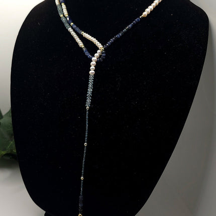 "Fifty Shades of Blue"| Sapphire, Blue Topaz, Blue diamonds Freshwater Pearl Lariat Necklace