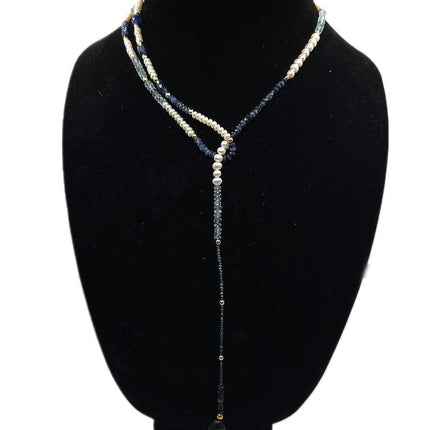 "Fifty Shades of Blue"| Sapphire, Blue Topaz, Blue diamonds Freshwater Pearl Lariat Necklace