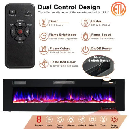 68" Ultra-Thin Recessed Electric Fireplace