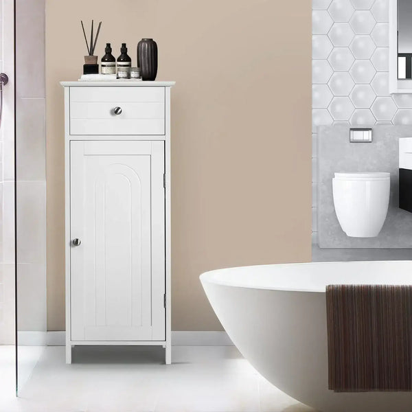 Wooden Storage Free-Standing Floor Cabinet with Drawer and Shelf-White