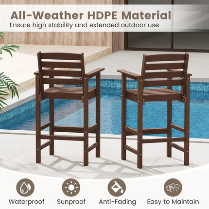 Patio HDPE Adirondack Bar Chairs Set of 2 with Wide Armrests-Brown