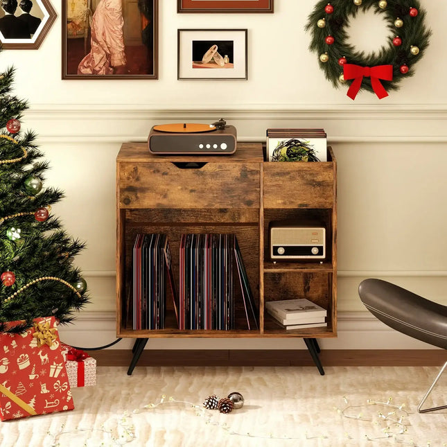 Record Player Stand with Power Outlet-Rustic Brown