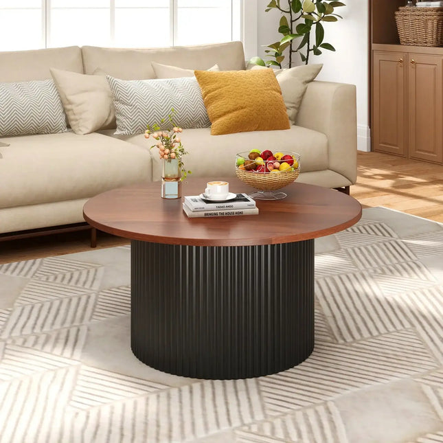 Round Coffee Table with Solid Wood Frame and Wooden Top-Walnut
