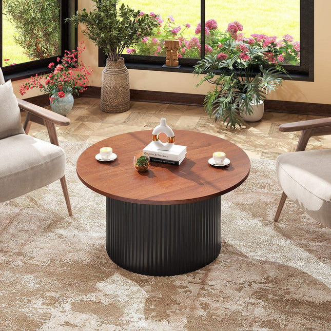 Round Coffee Table with Solid Wood Frame and Wooden Top-Walnut